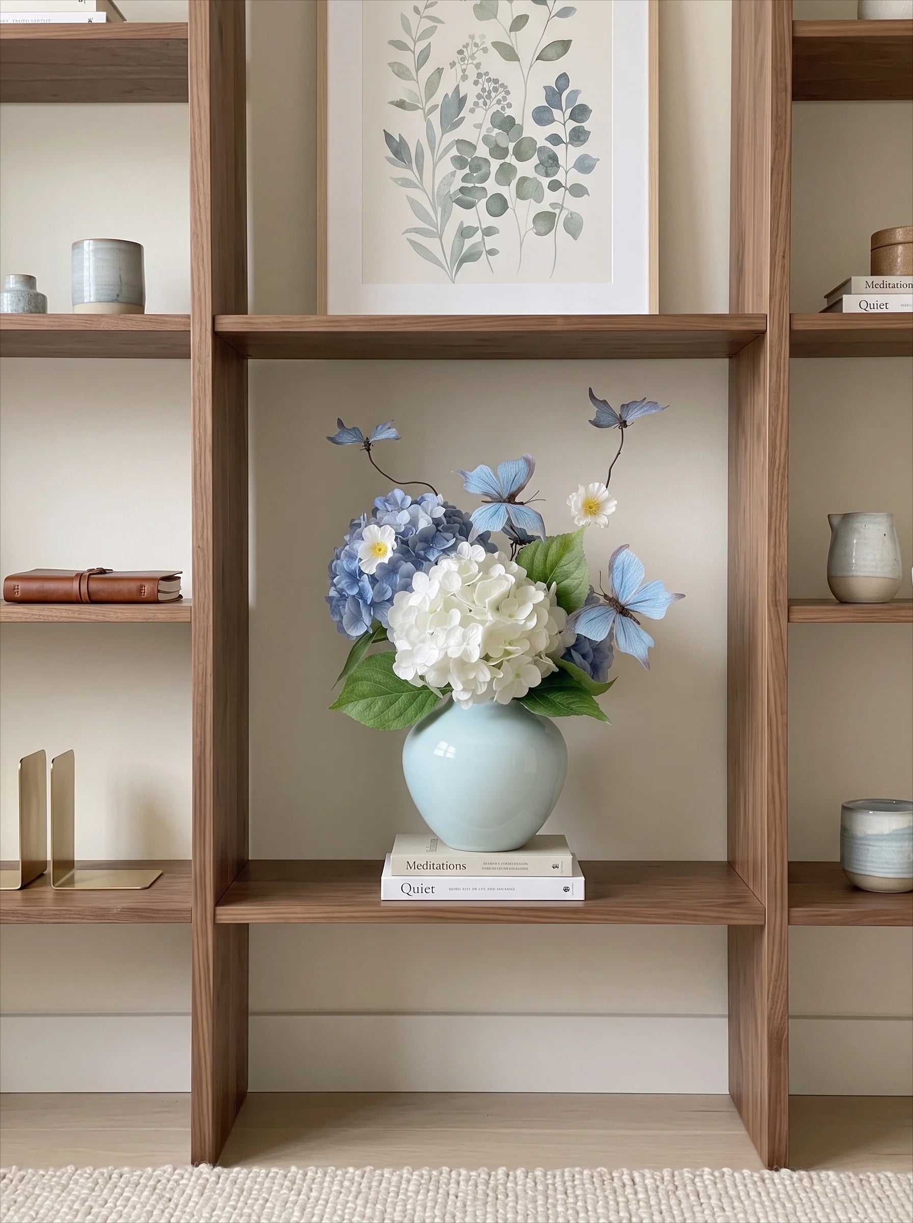 Drömsk blå fjäril hortensia konstgjord blomsterarrangemang