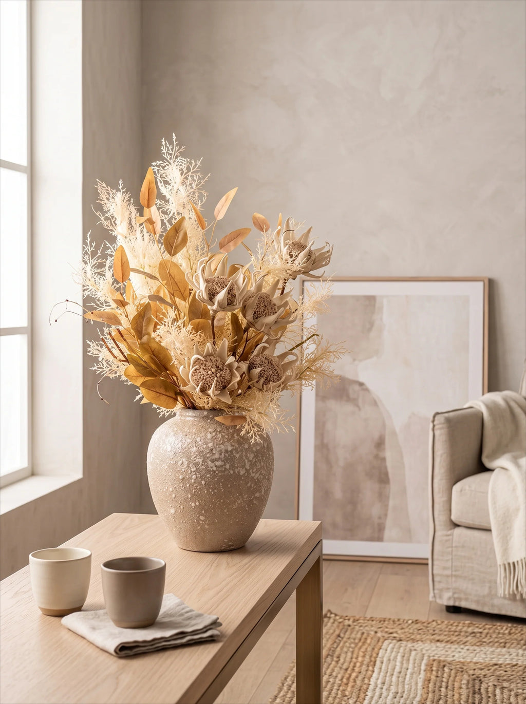Künstliches Blumenarrangement - Neutrale Töne Protea & Laub