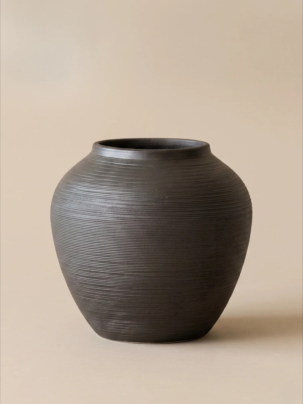 Modern Minimalist Ribbed Charcoal Black Ceramic Vase