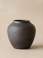 Modern Minimalist Ribbed Charcoal Black Ceramic Vase