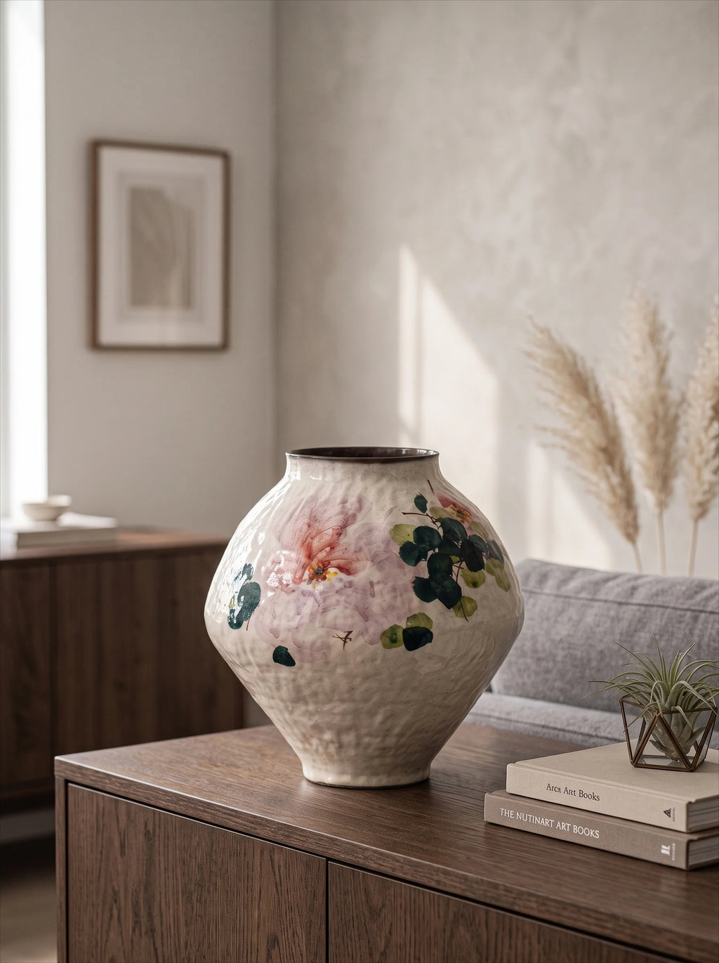 Vintage Chinoiserie Peony Painted Stoneware Vase
