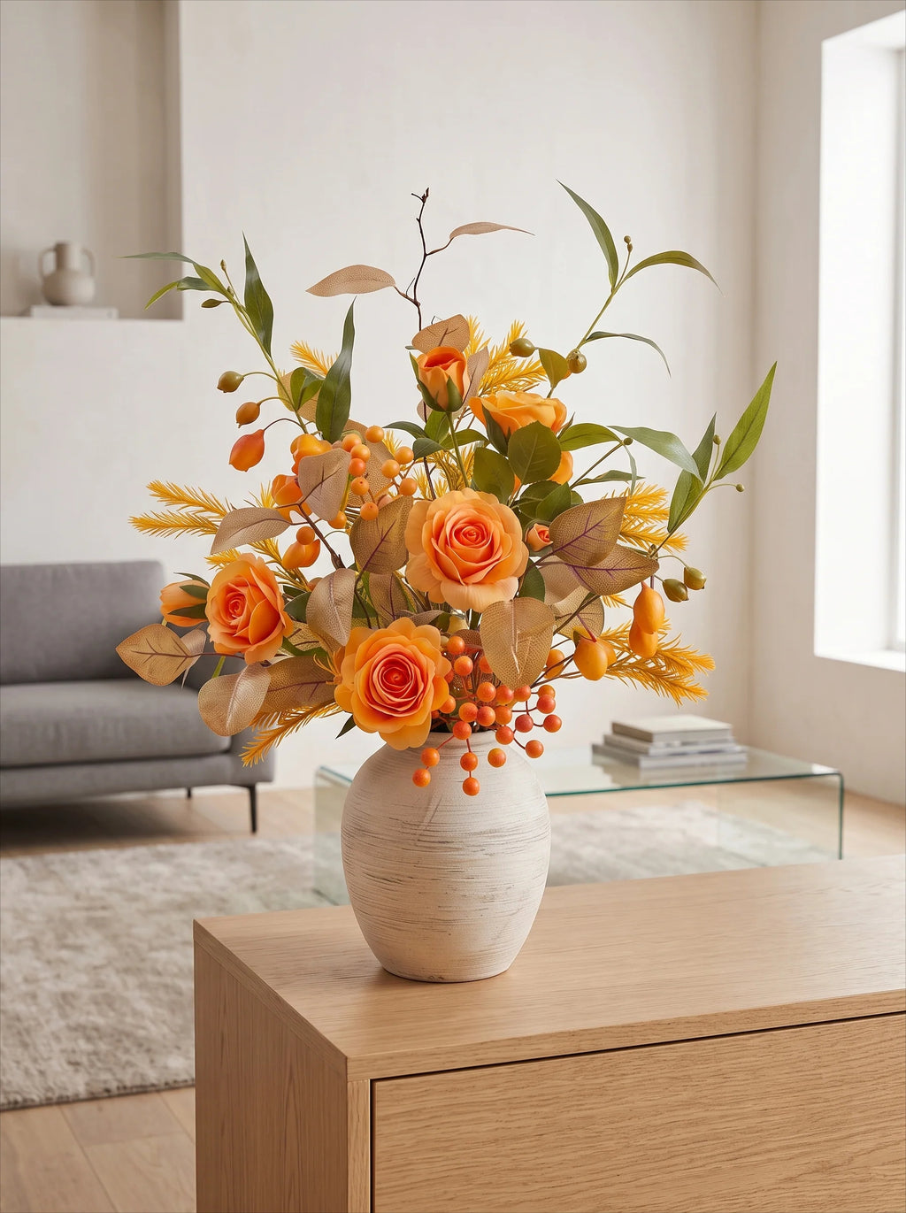 Arrangement floral artificiel Rose Ambre d’Automne Vintage et Baies