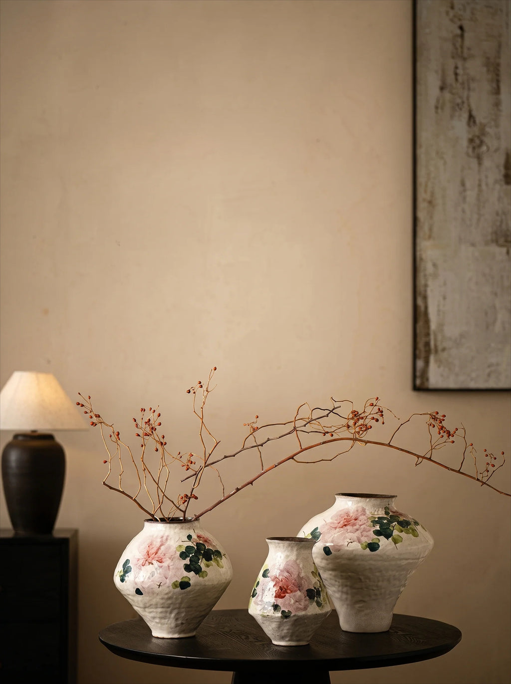 Vintage Chinoiserie Peony Painted Stoneware Vase