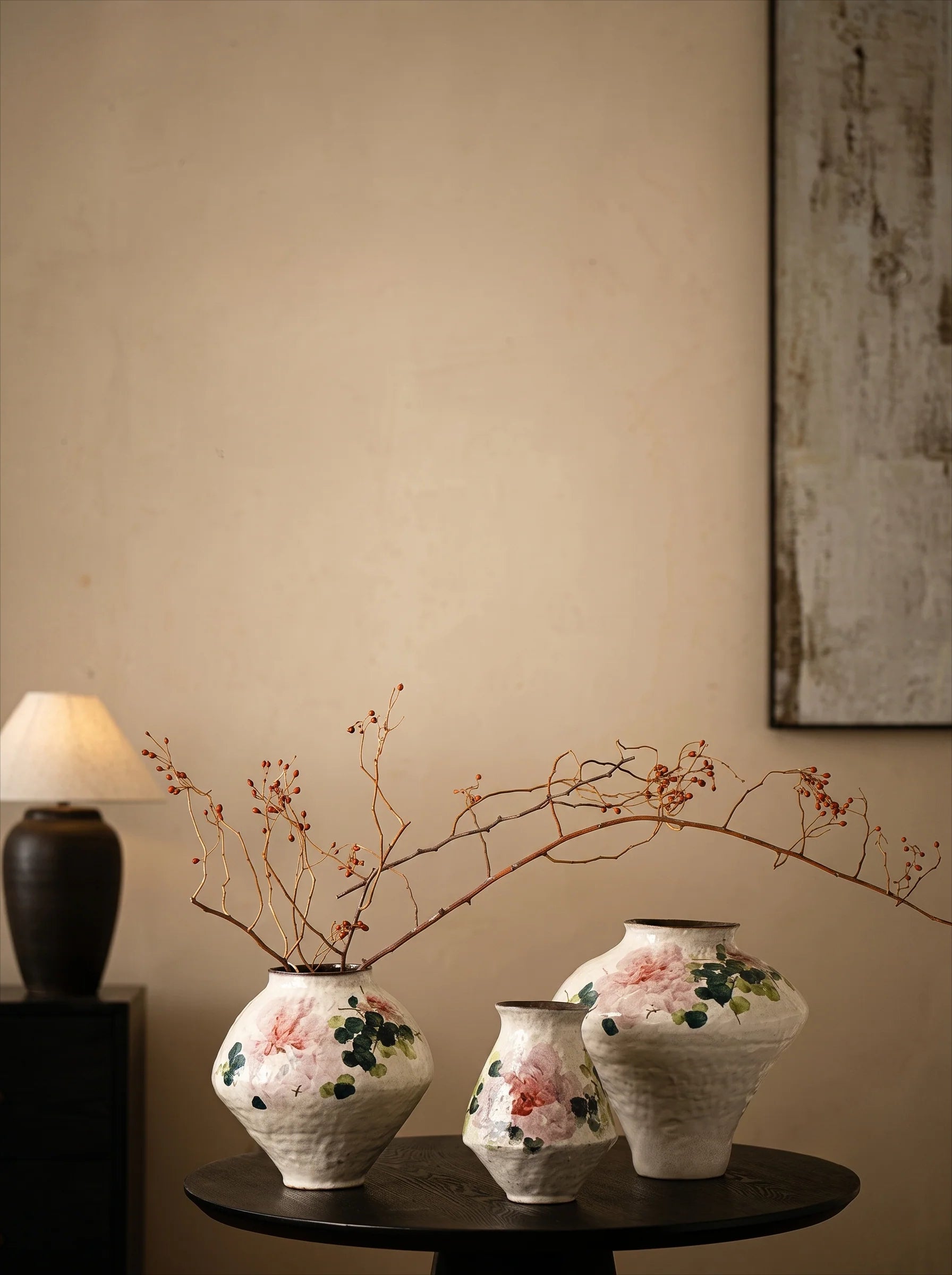 Vintage Chinoiserie Peony Painted Stoneware Vase