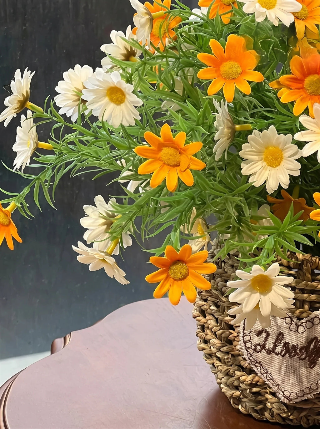 Sunlit Daisy & Chamomile Faux Floral Basket Arrangement