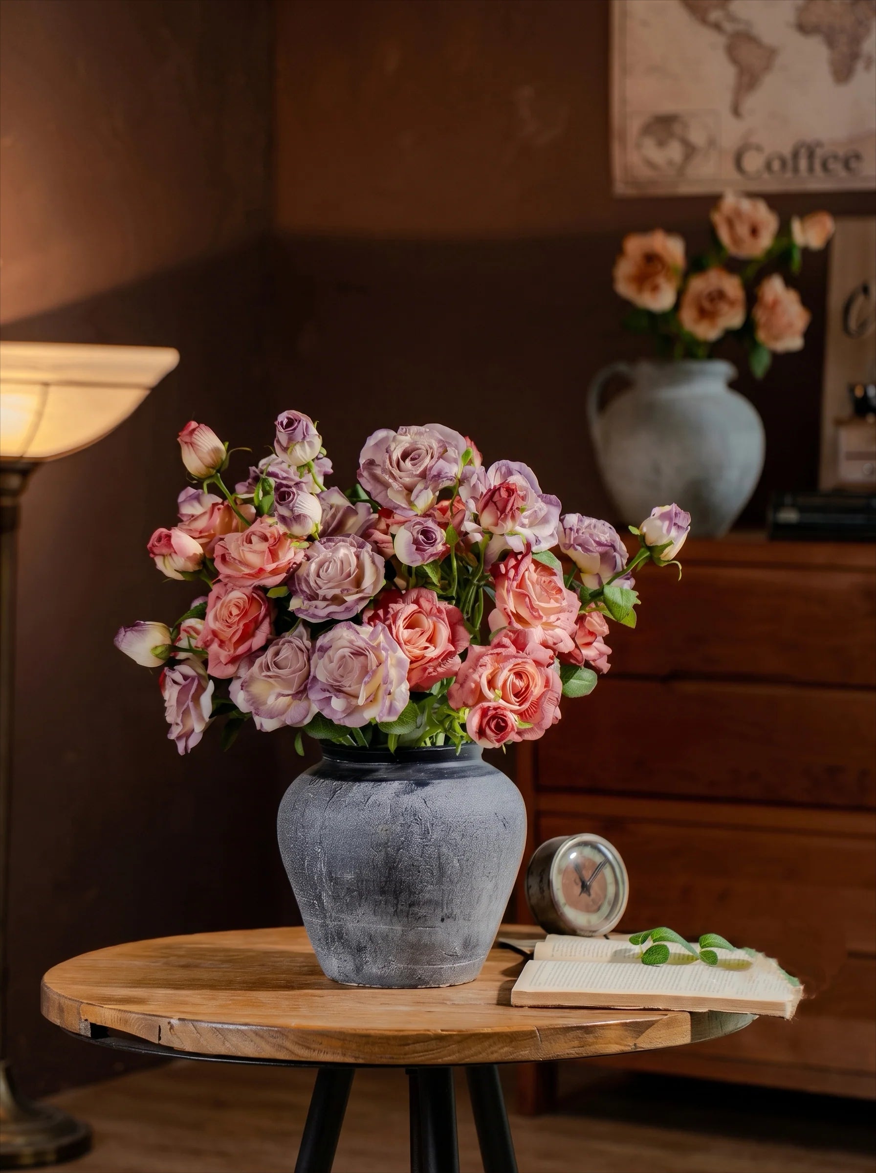 Vintage Hued Pink and Lavender Rose Faux Floral Arrangement