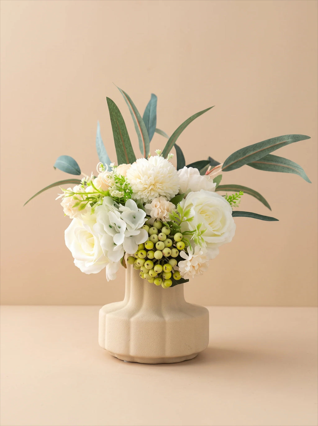 Modern Minimalist White Rose & Berry Artificial Floral Arrangement