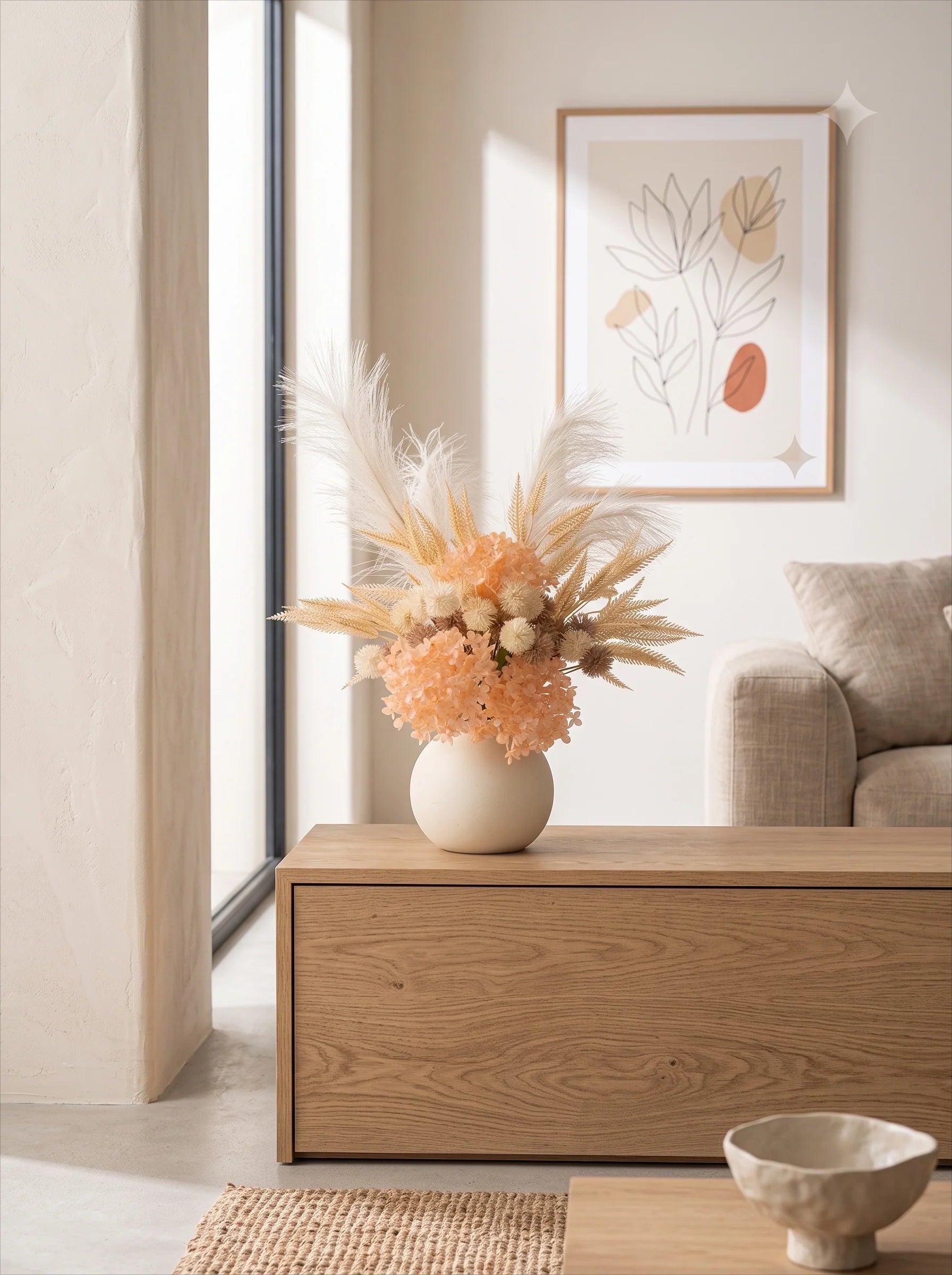 Faux Floral Arrangement - Peach Hydrangea & Neutral Pampas Grass