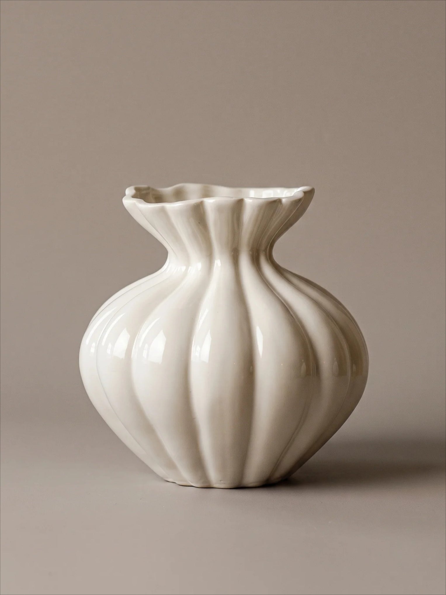 Elegant French Cream Fluted Ceramic Vase