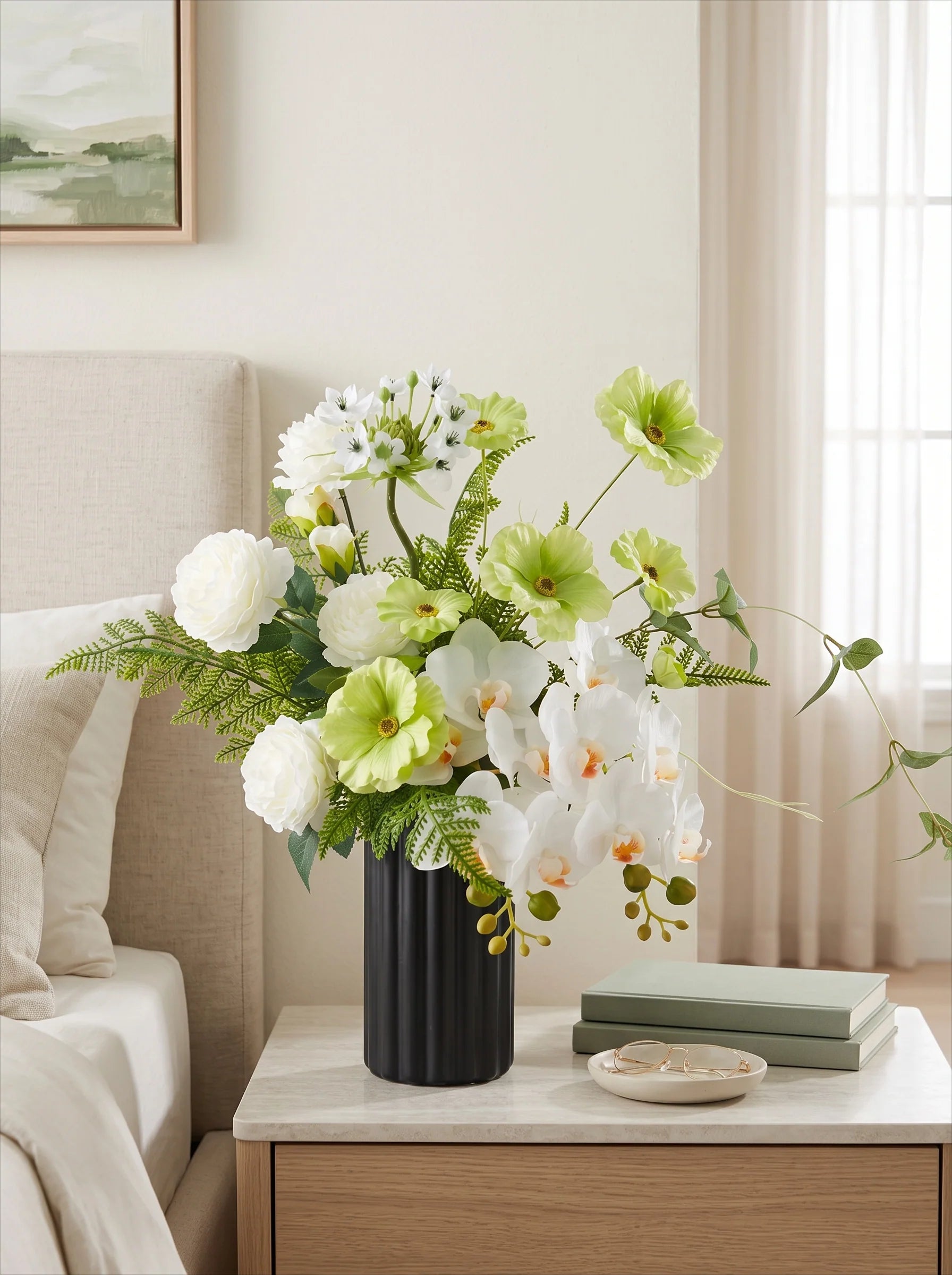 Modern Elegant White Orchid & Greenery Artificial Floral Arrangement