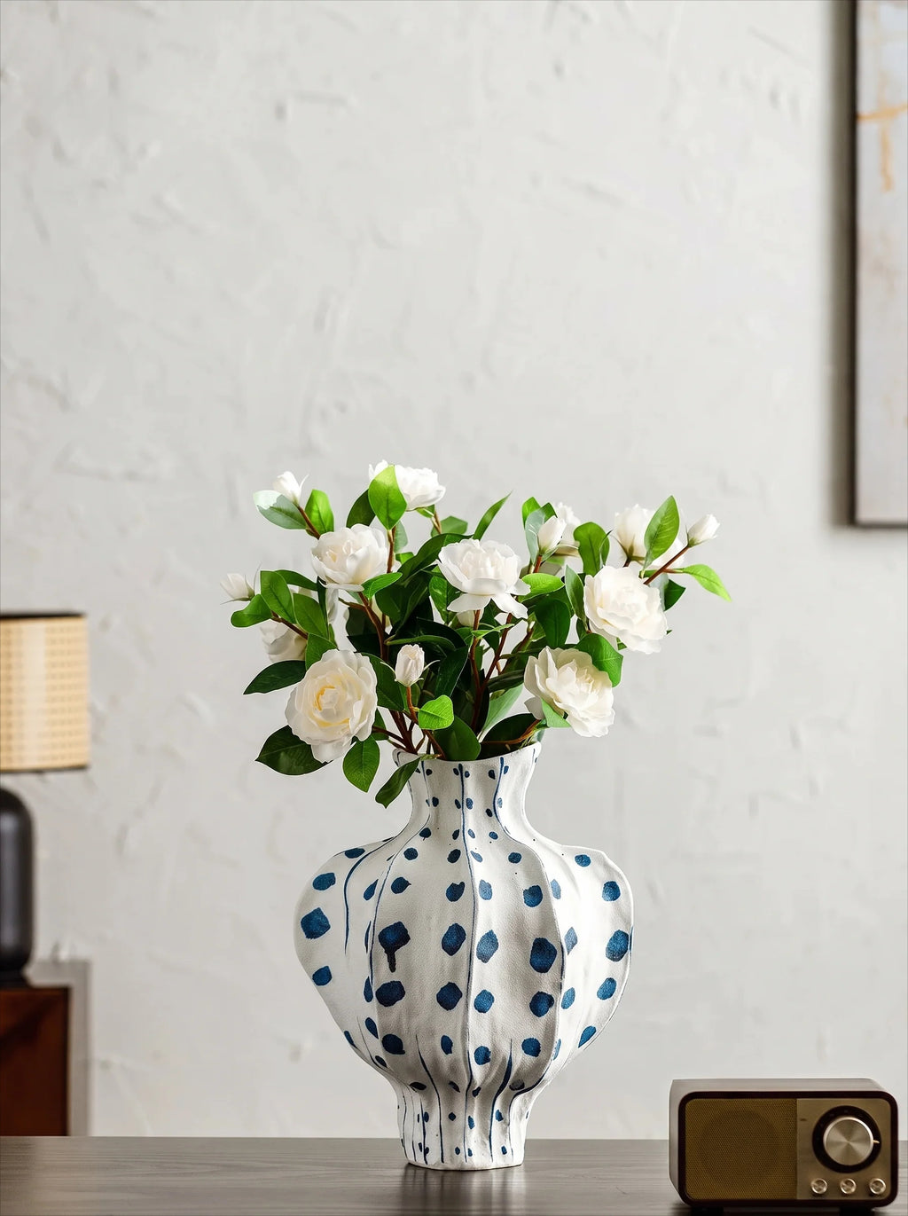Elegant Sculptural Blue Polka-Dot Ceramic Vase