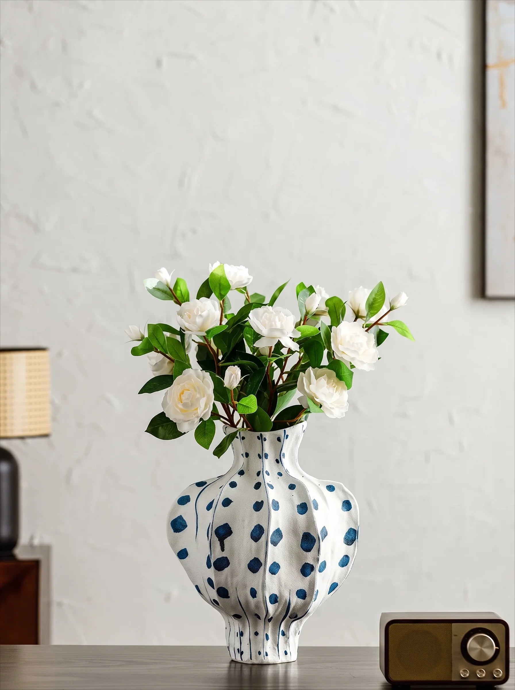 Elegant Sculptural Blue Polka-Dot Ceramic Vase