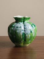Vintage Hand-painted Emerald Green Fluted Ceramic Vase