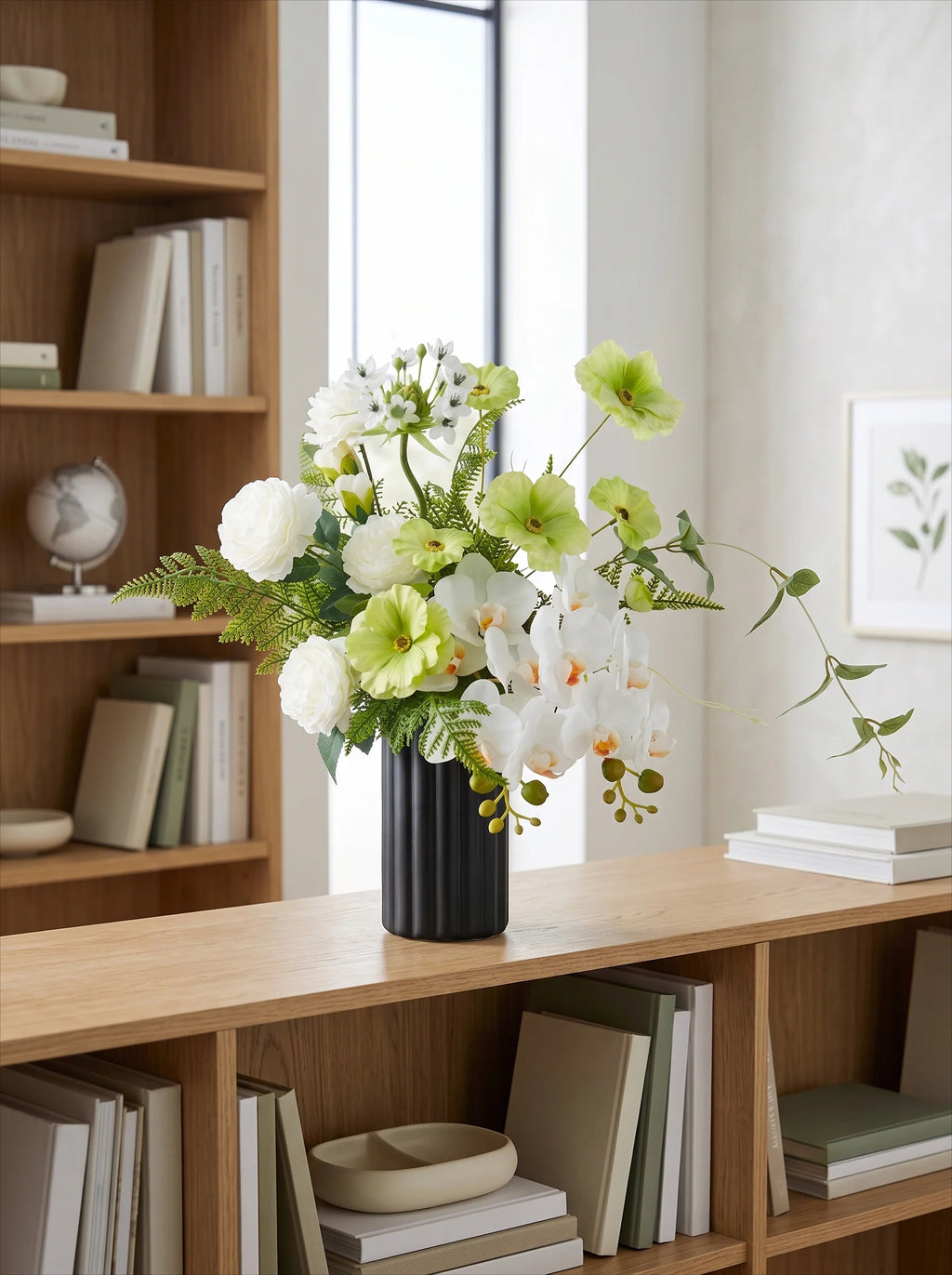 Modern Elegant White Orchid & Greenery Artificial Floral Arrangement