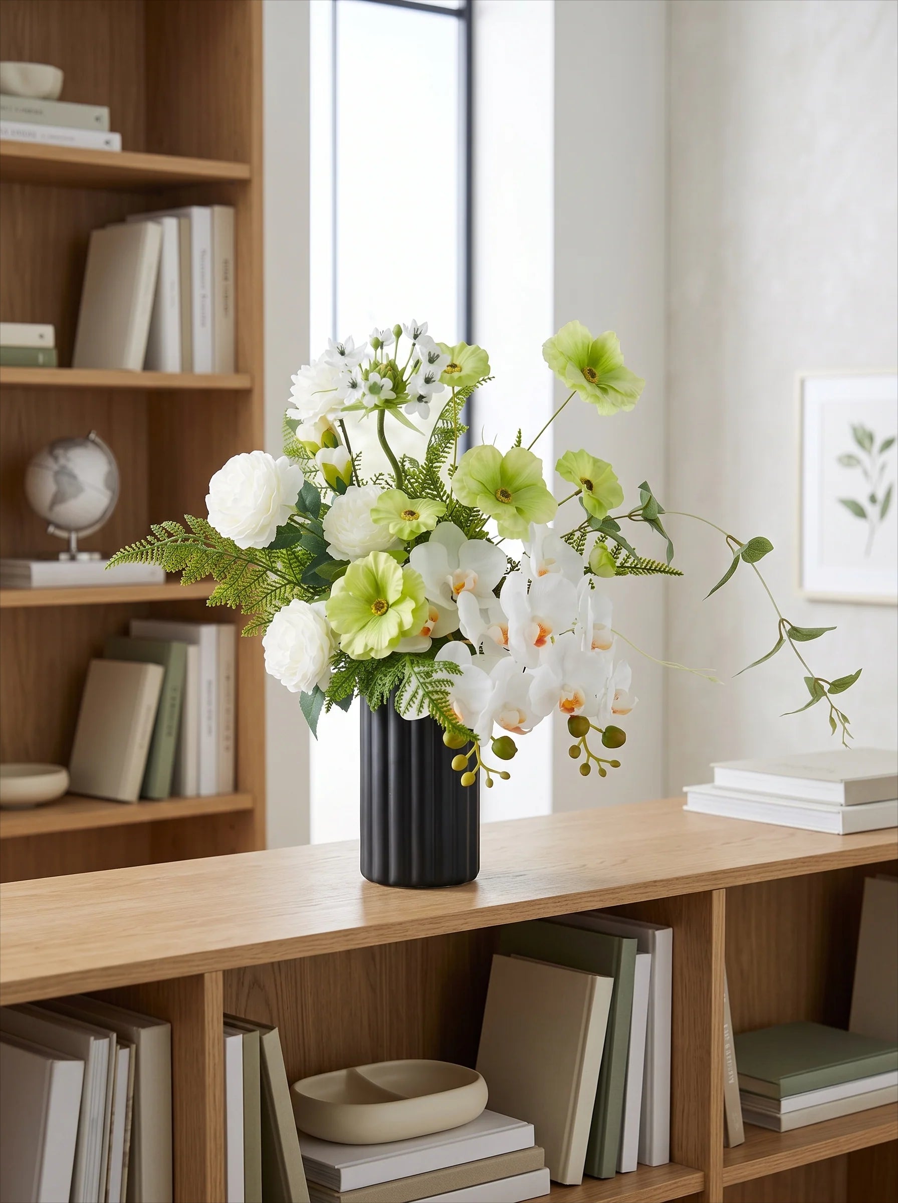 Modern Elegant White Orchid & Greenery Artificial Floral Arrangement