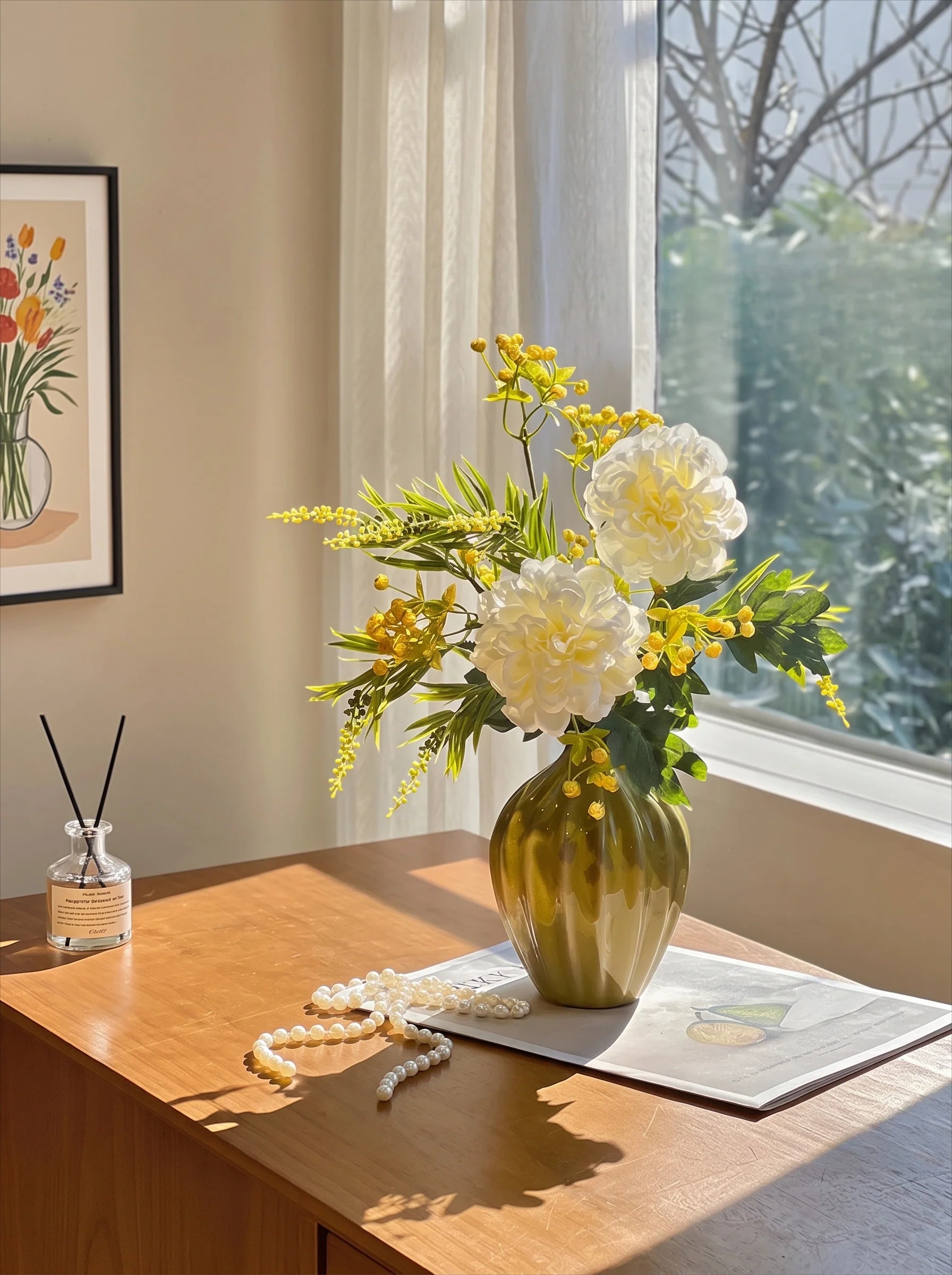 Luxe Cream Peony & Wattle Ensemble Faux Floral Arrangement