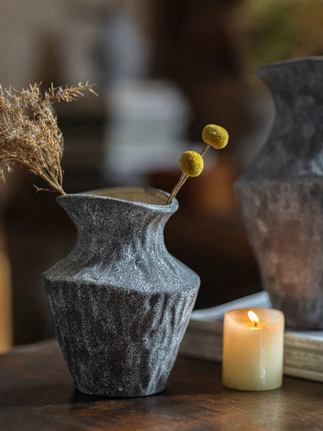 Wabi-Sabi Textured Charcoal Ceramic Artisanal Vase