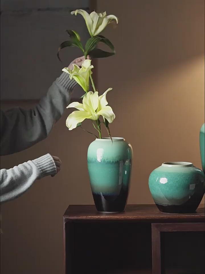 Artisan Teal Green Reactive Glaze Ceramic Vase