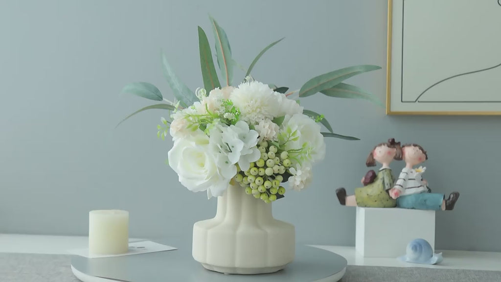 Modern Minimalist White Rose & Berry Artificial Floral Arrangement