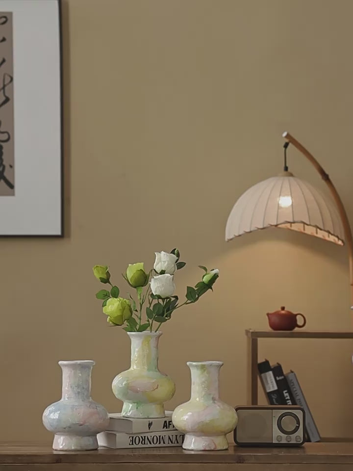 Pastel Watercolor-Bloom Textured Ceramic Vase