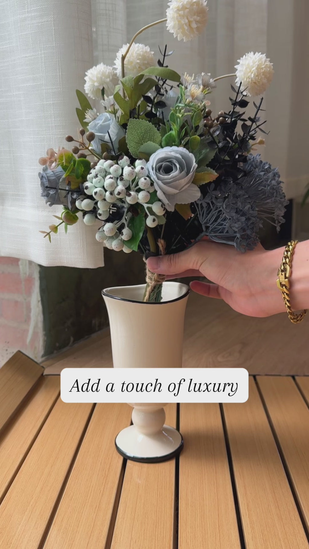 Faux Floral Arrangement - Blue & White Blooms with Dark Foliage