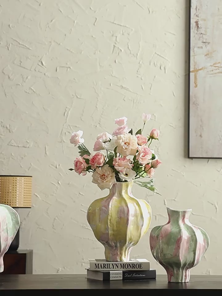 Artistic Watercolor Glaze Fluted Ceramic Vase