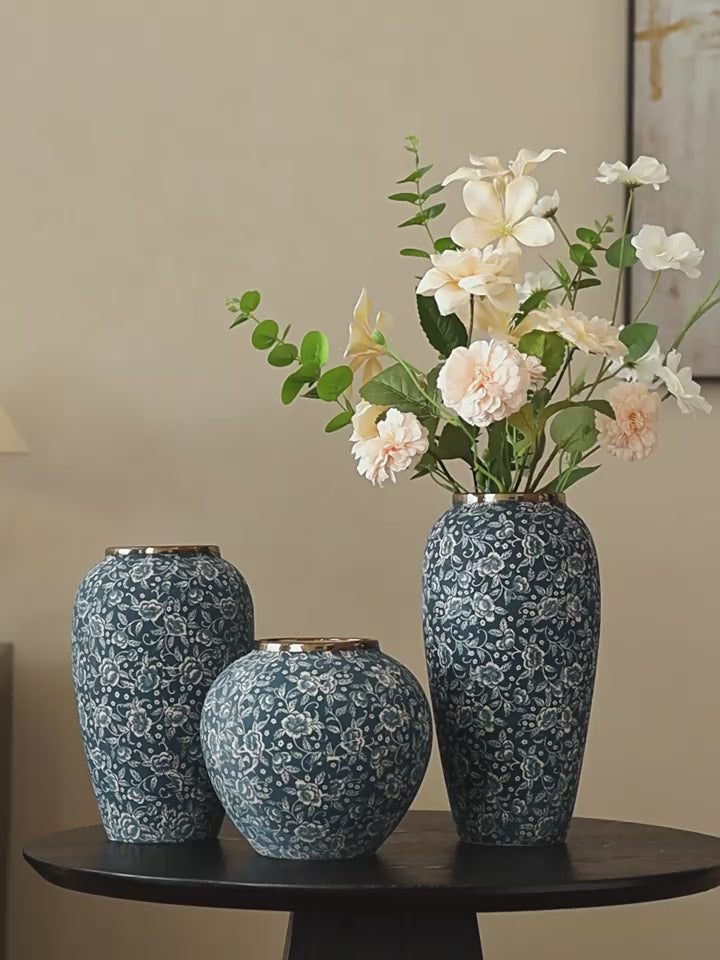Classic Gilded Blue and White Floral Stoneware Vase