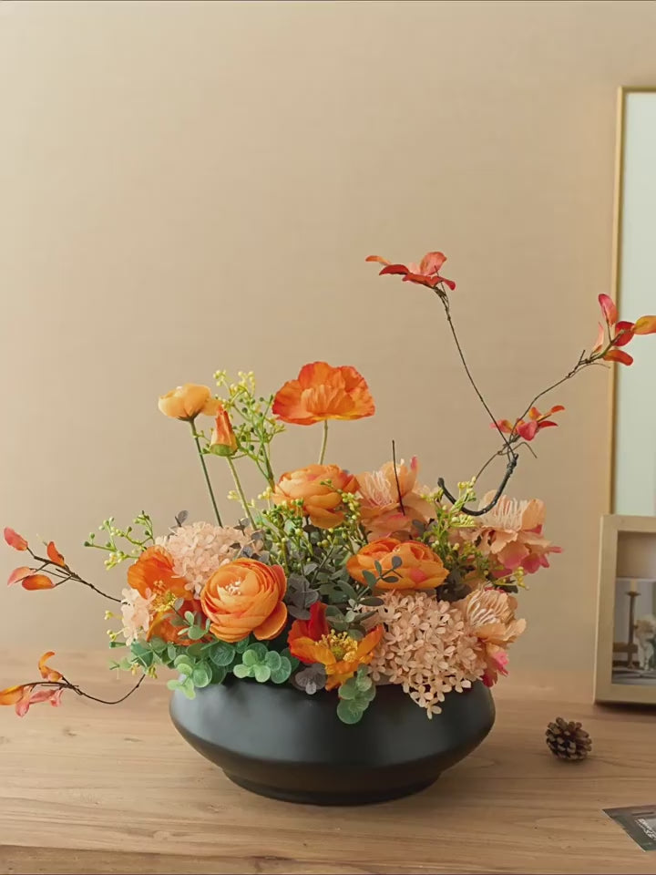 Warm Autumnal Sunset Poppy Asian Zen Artificial Floral Arrangement