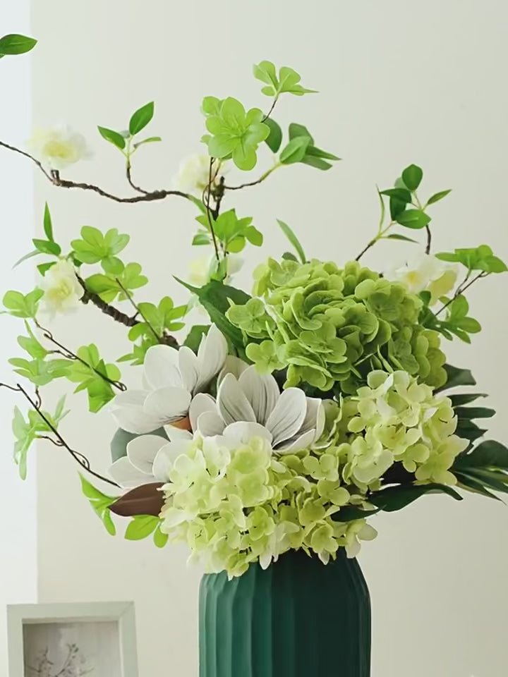 Nordic Magnolia and Green Hydrangea Botanical Faux Floral Arrangement