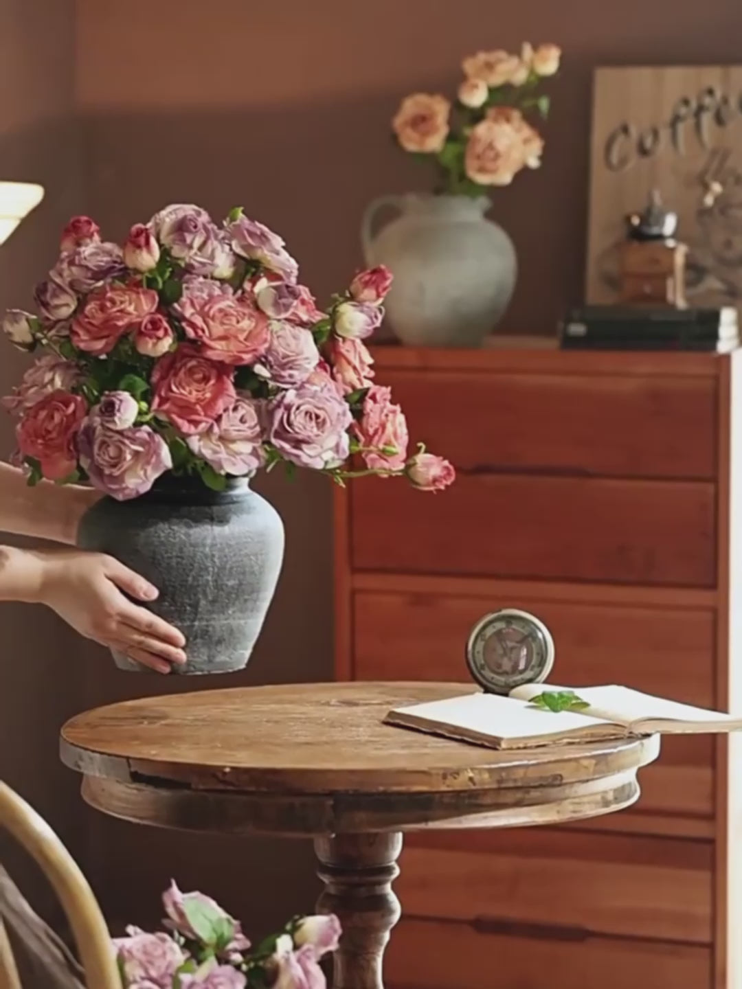 Vintage Hued Pink and Lavender Rose Faux Floral Arrangement