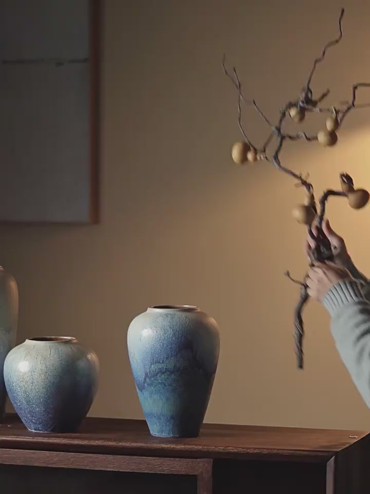 Artisan Blue Reactive Glaze Ceramic Vase