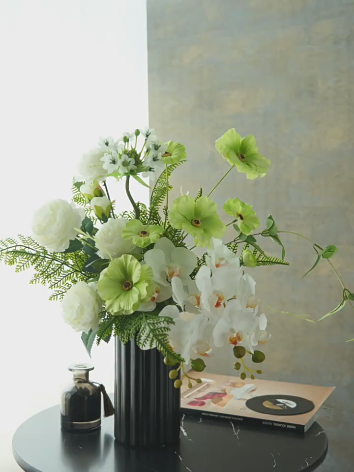 Modern Elegant White Orchid & Greenery Artificial Floral Arrangement