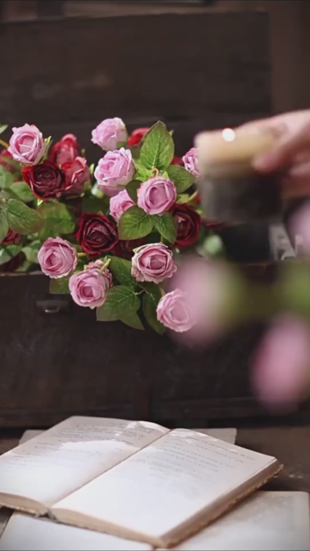 Vintage Crimson Mini Rose Artificial Floral Arrangement with Rustic Elegance