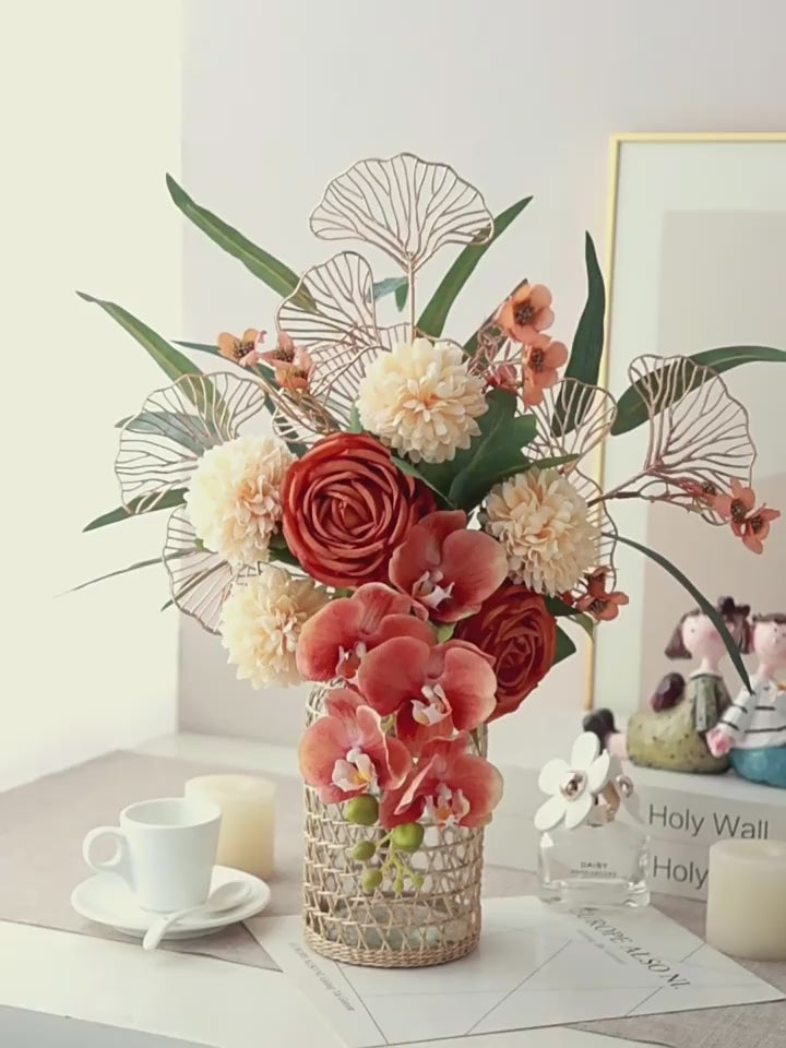 Luxury Mid-Century Amber Orchid Artificial Floral Arrangement