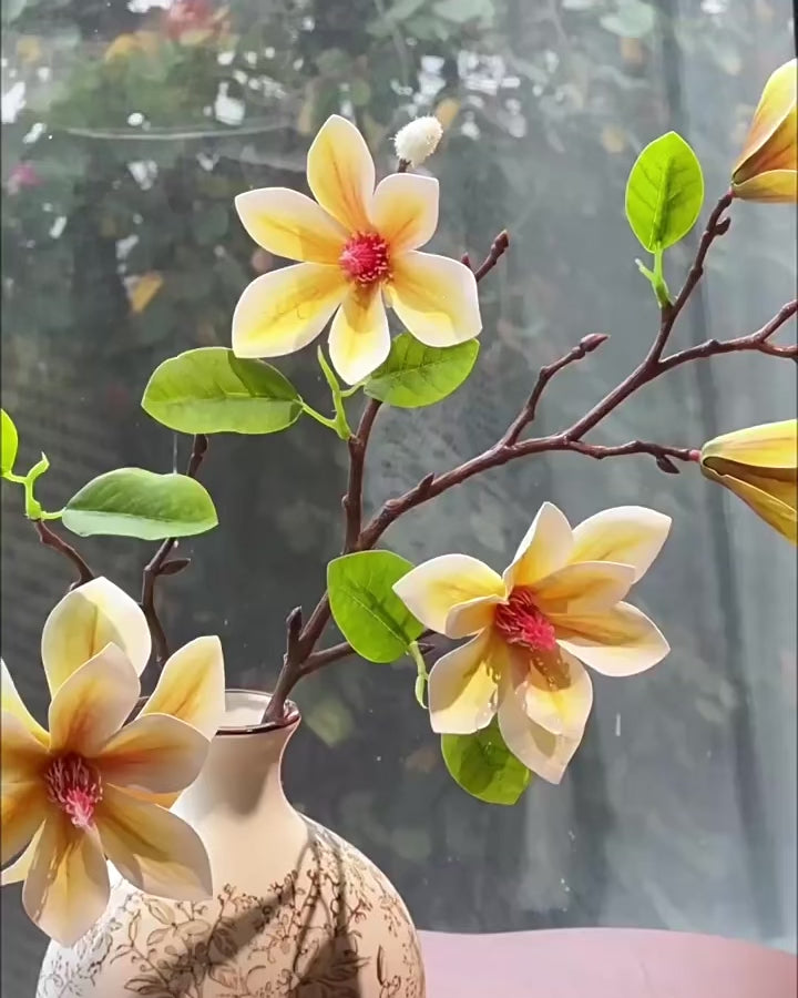 Arrangement floral artificiel Magnolia Jaune Vintage avec Vase