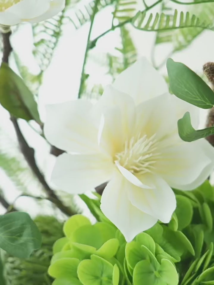 Zen White Magnolia and Green Hydrangea Faux Floral Arrangement