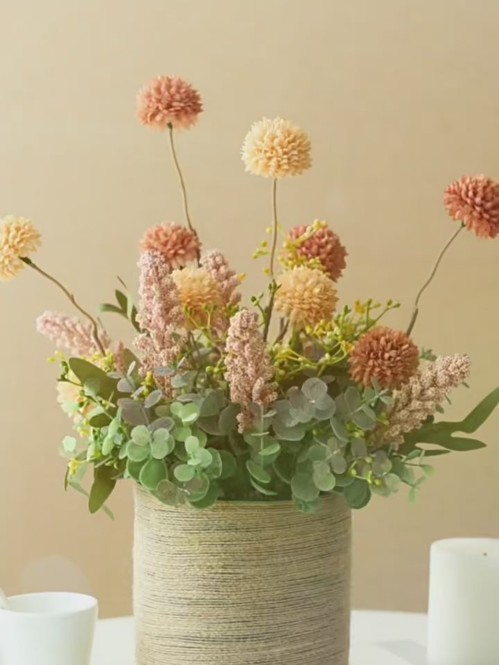 Autumn Terracotta Pom-Pom Woven Vase Faux Floral Arrangement